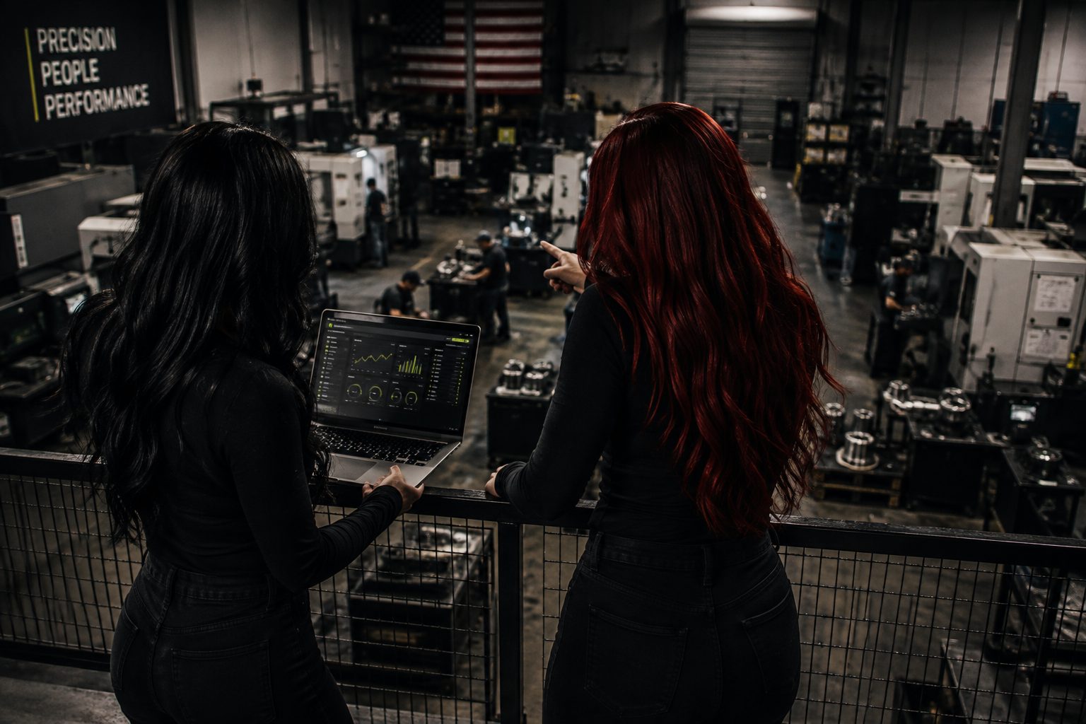 Two operators reviewing a live performance dashboard above a precision machining floor