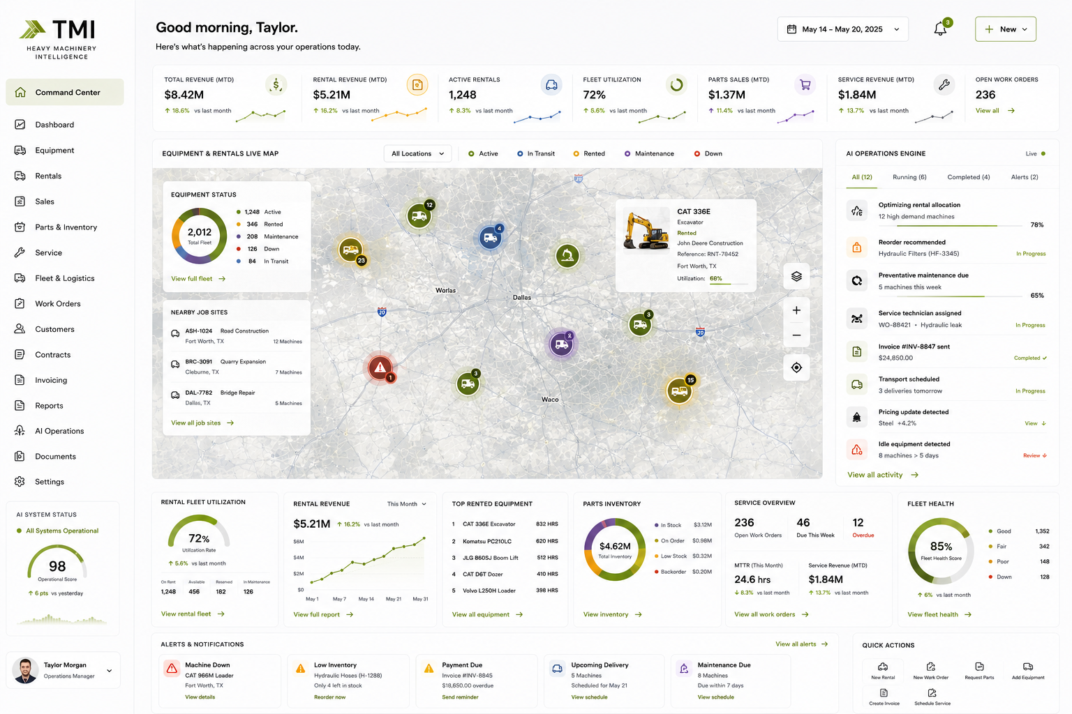 TMI Heavy Machinery Intelligence — equipment live map, rental fleet utilization, AI operations engine, parts inventory