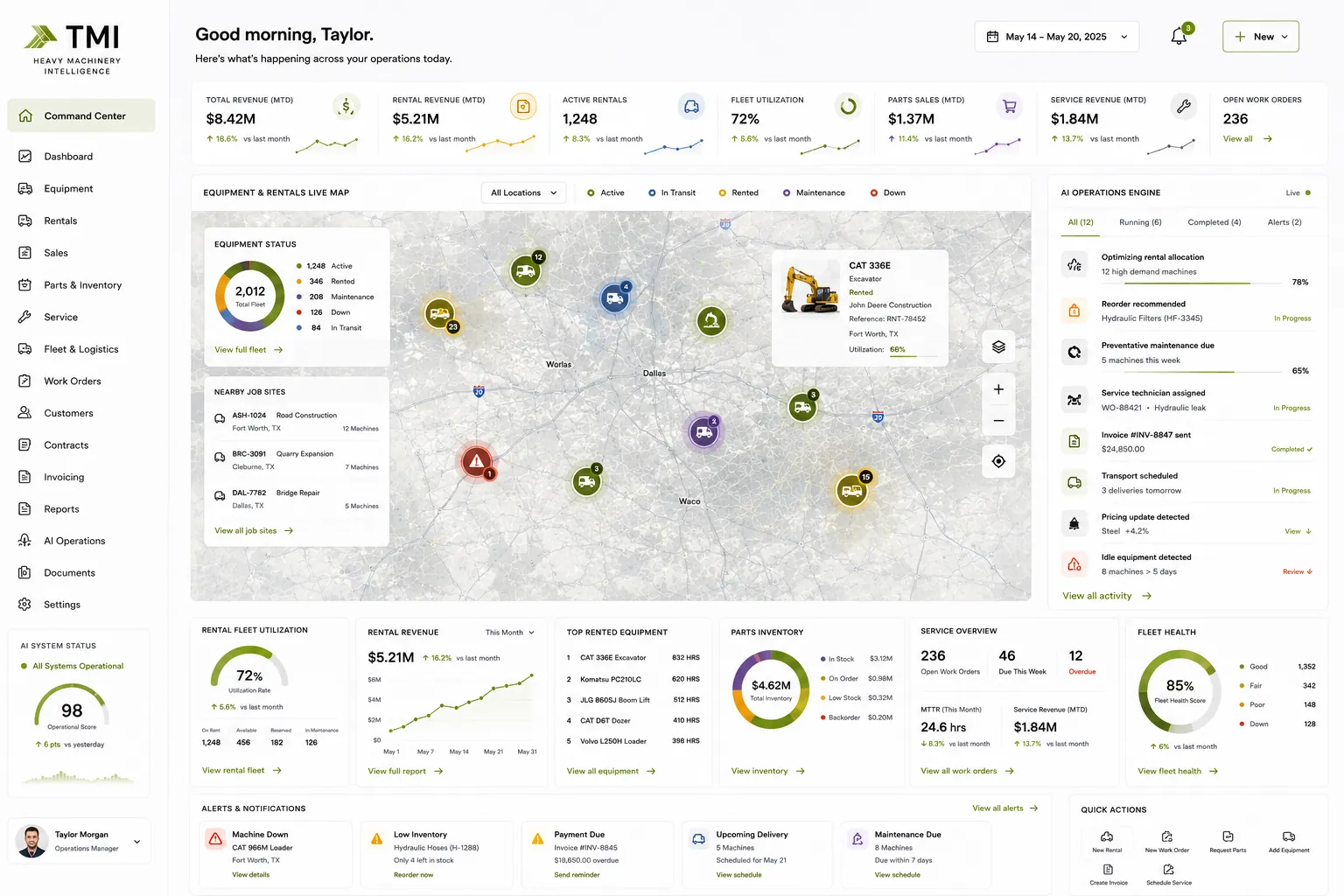 TMI Heavy Machinery Intelligence - equipment live map, rental fleet utilization, AI operations engine, parts inventory